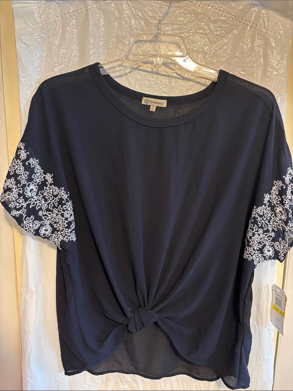 Democracy Navy Knot-Front Tunic with White Lace Sleeves